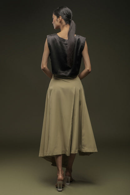 Black Satin Crop Top & Sage Khaki Overlapped Skirt Combo