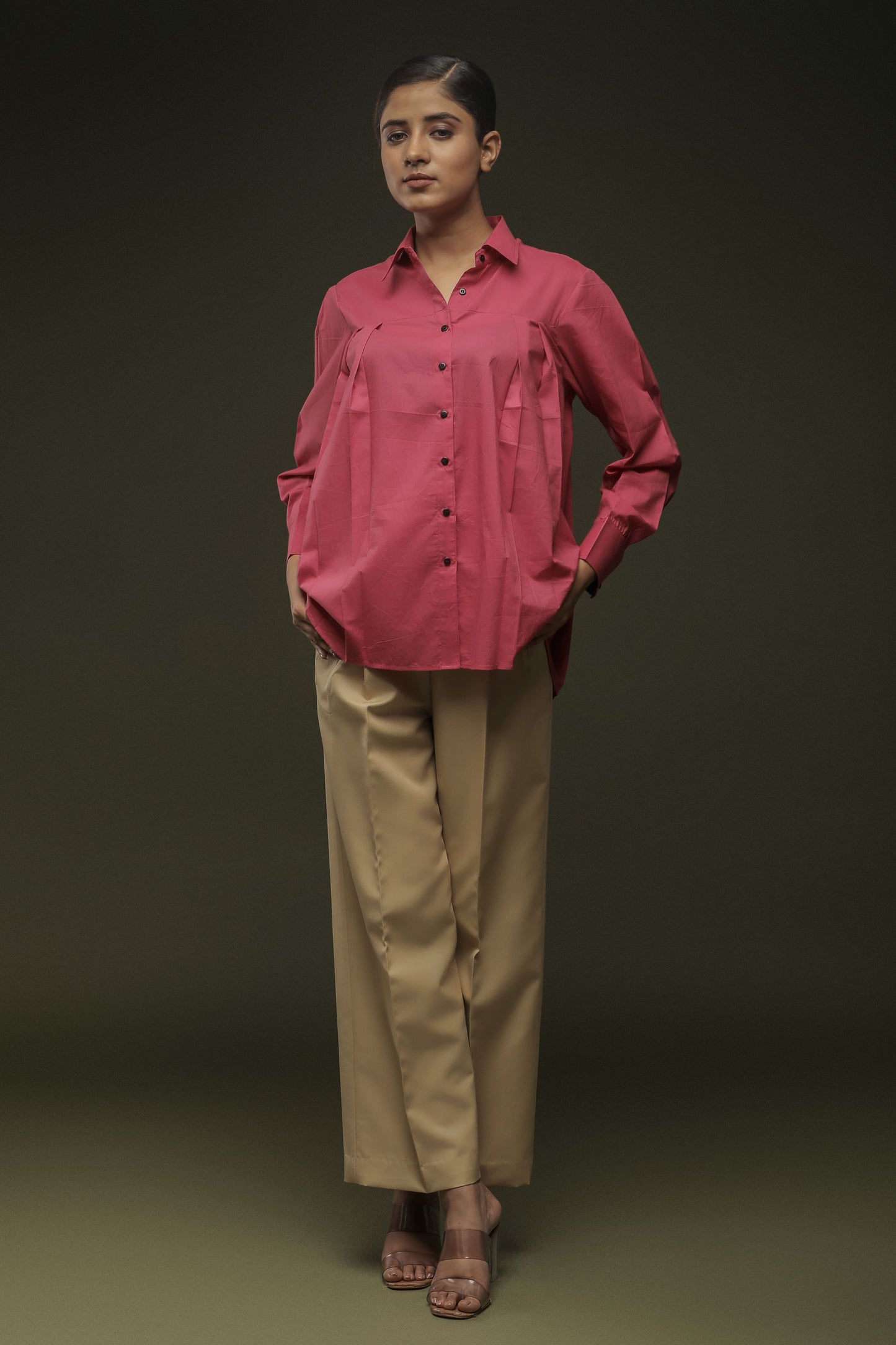 Pink Loose Front Pleated Shirt & Beige Pleated Trouser Combo