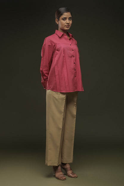 Pink Loose Front Pleated Shirt & Beige Pleated Trouser Combo