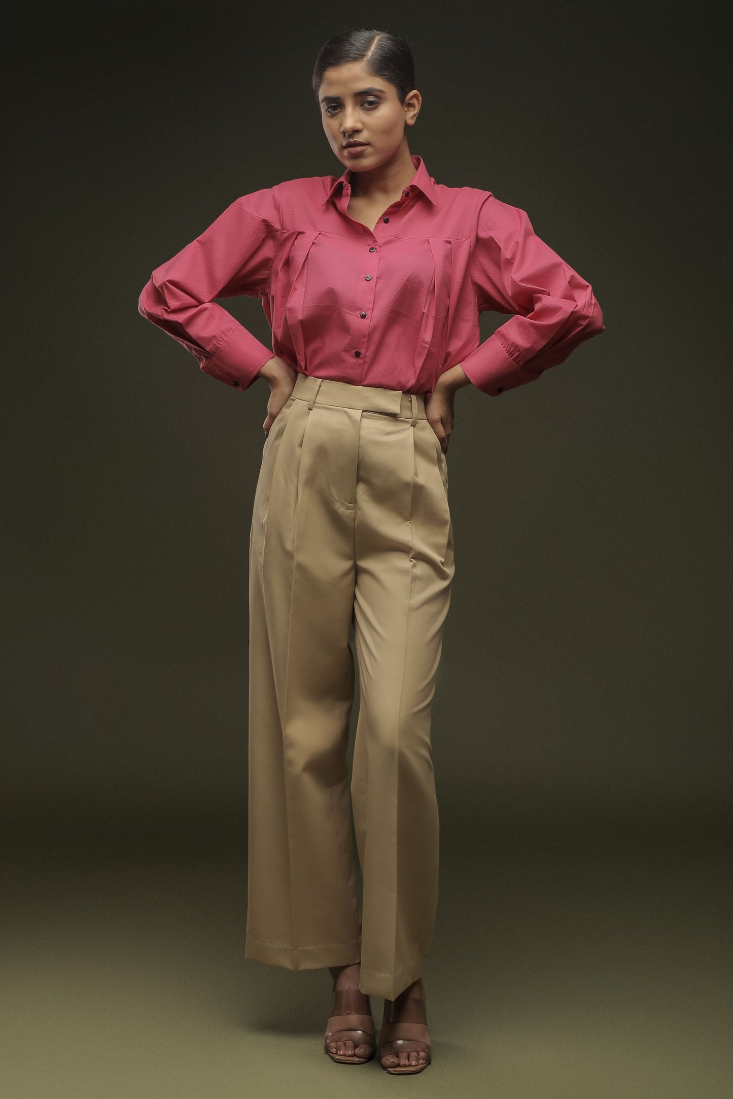 Pink Loose Front Pleated Shirt & Beige Pleated Trouser Combo