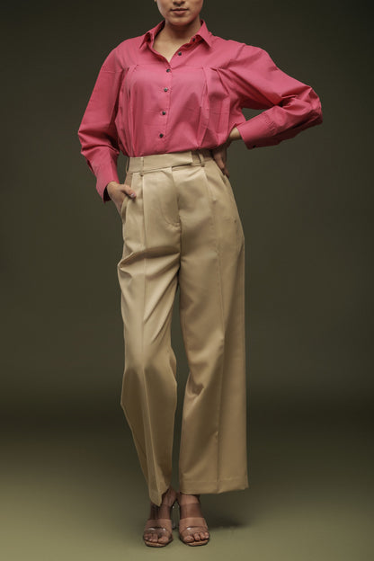 Pink Loose Front Pleated Shirt & Beige Pleated Trouser Combo