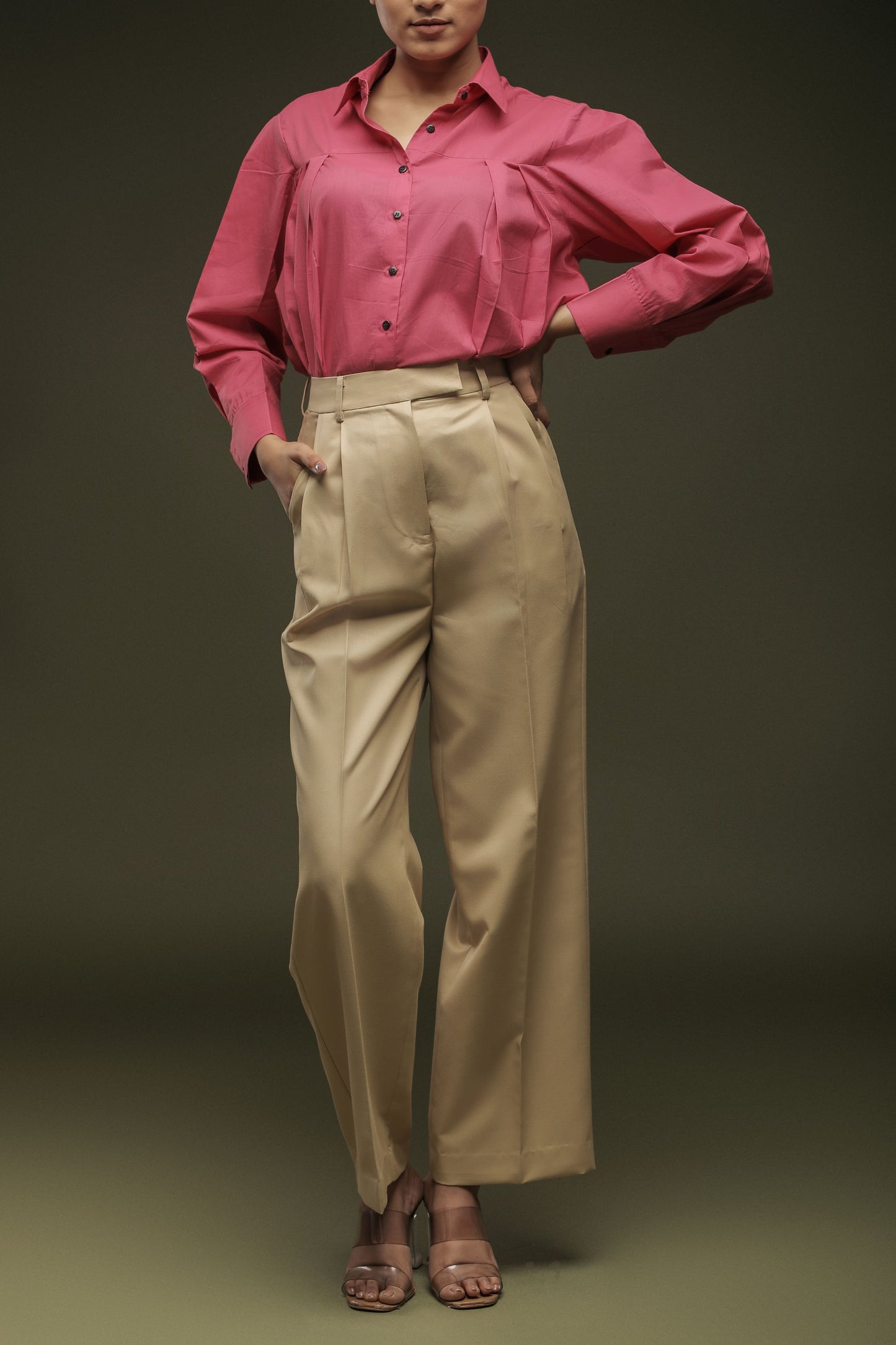 Pink Loose Front Pleated Shirt & Beige Pleated Trouser Combo