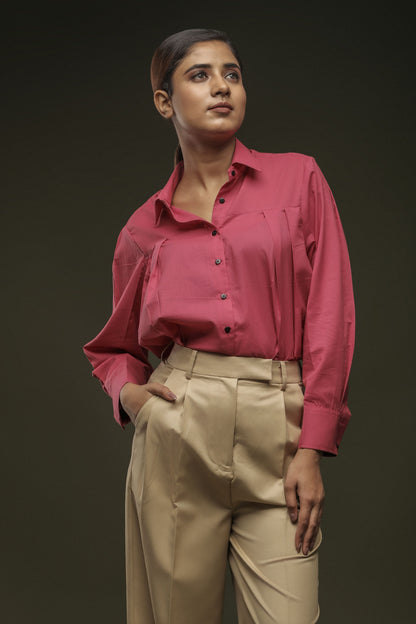 Pink Loose Front Pleated Shirt & Beige Pleated Trouser Combo