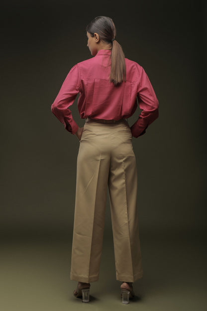 Pink Loose Front Pleated Shirt & Beige Pleated Trouser Combo