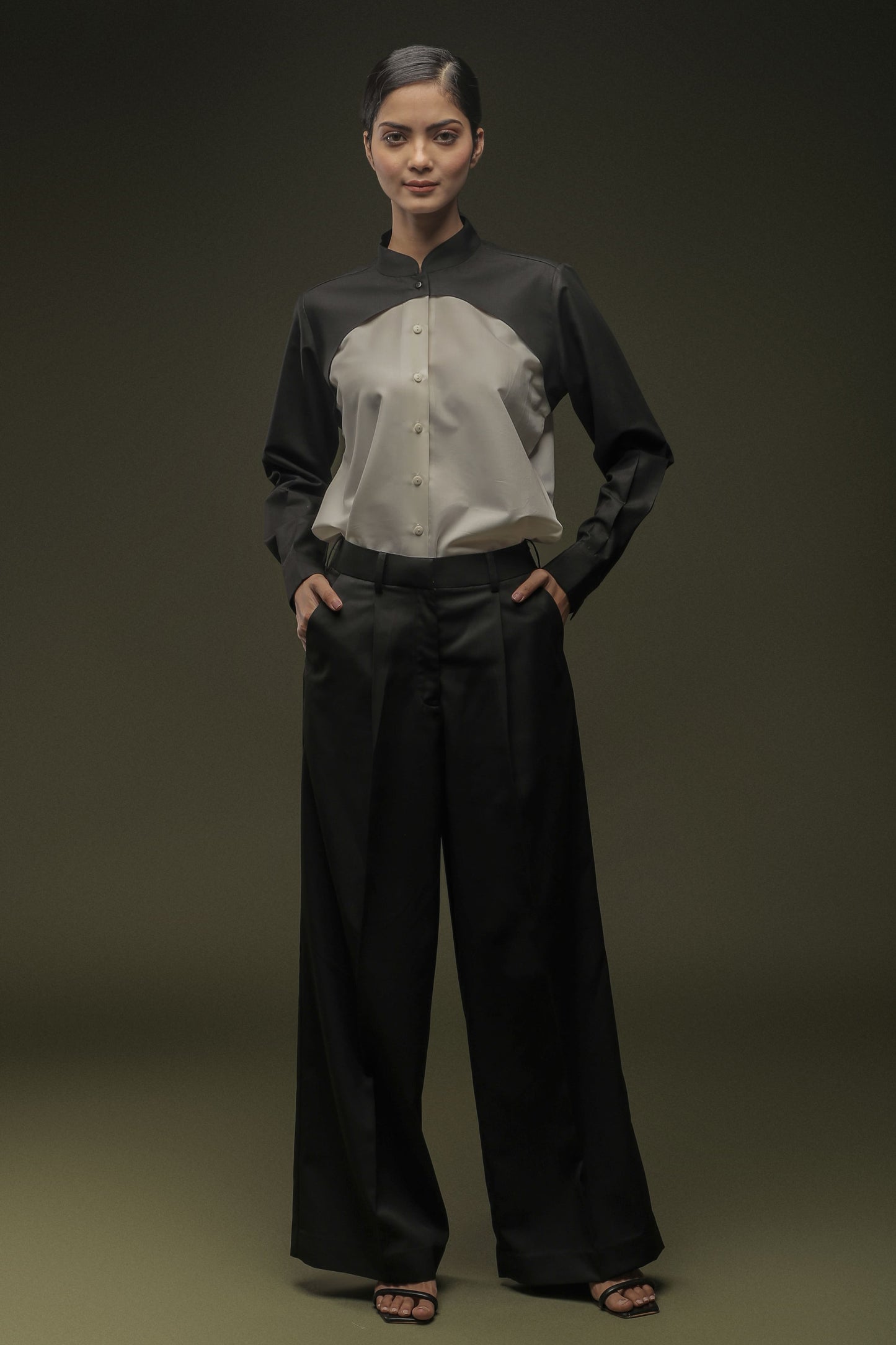 Black & White Mandarin Collar Shirt & Black Loose Pants Combo