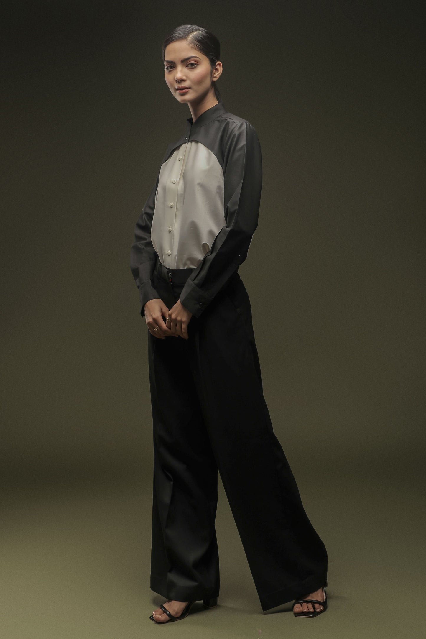 Black & White Mandarin Collar Shirt & Black Loose Pants Combo