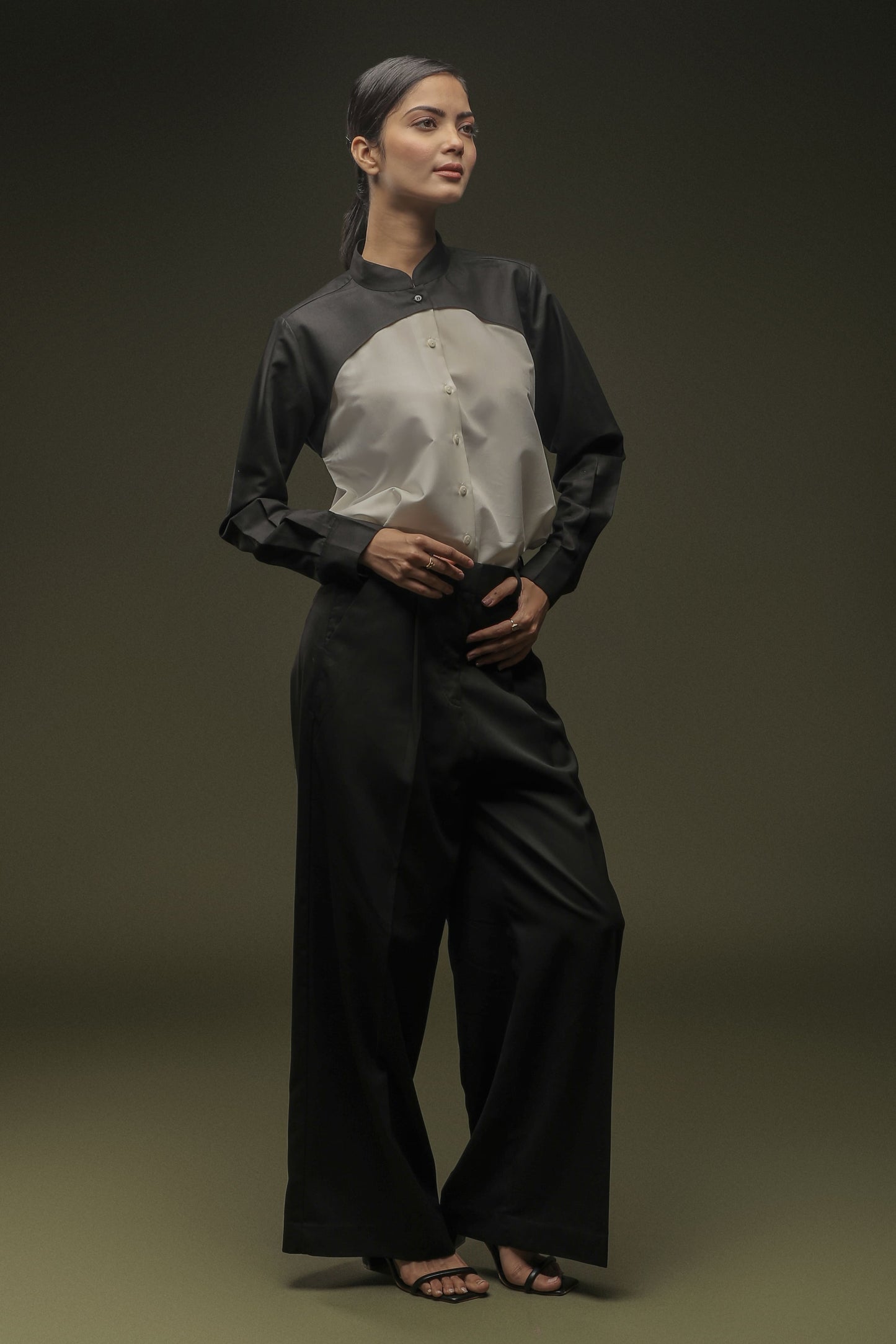 Black & White Mandarin Collar Shirt & Black Loose Pants Combo