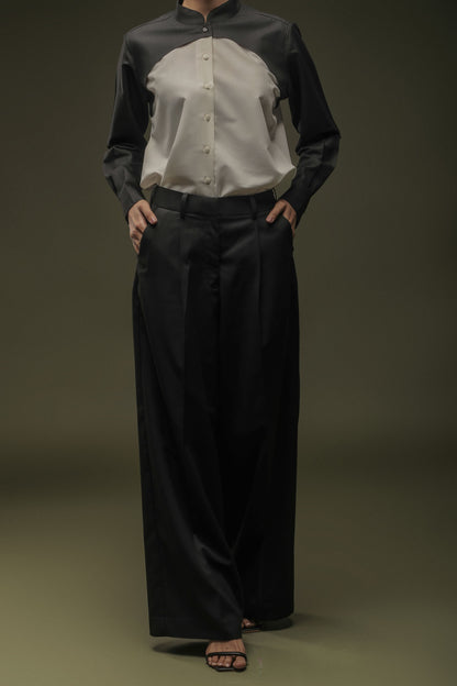 Black & White Mandarin Collar Shirt & Black Loose Pants Combo