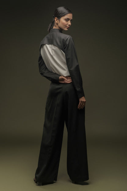 Black & White Mandarin Collar Shirt & Black Loose Pants Combo