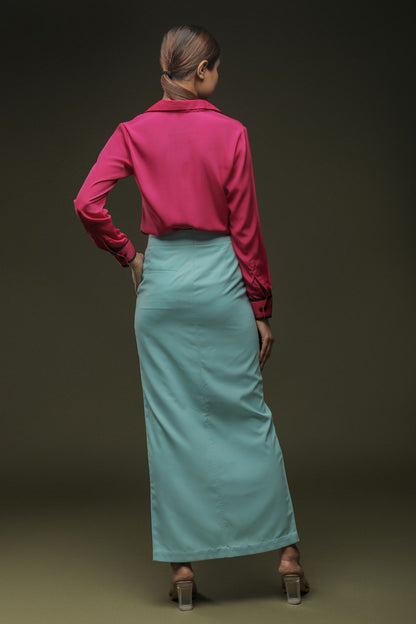 Pink Crepe Piping Shirt & Full Length Sea Blue Skirt Combo