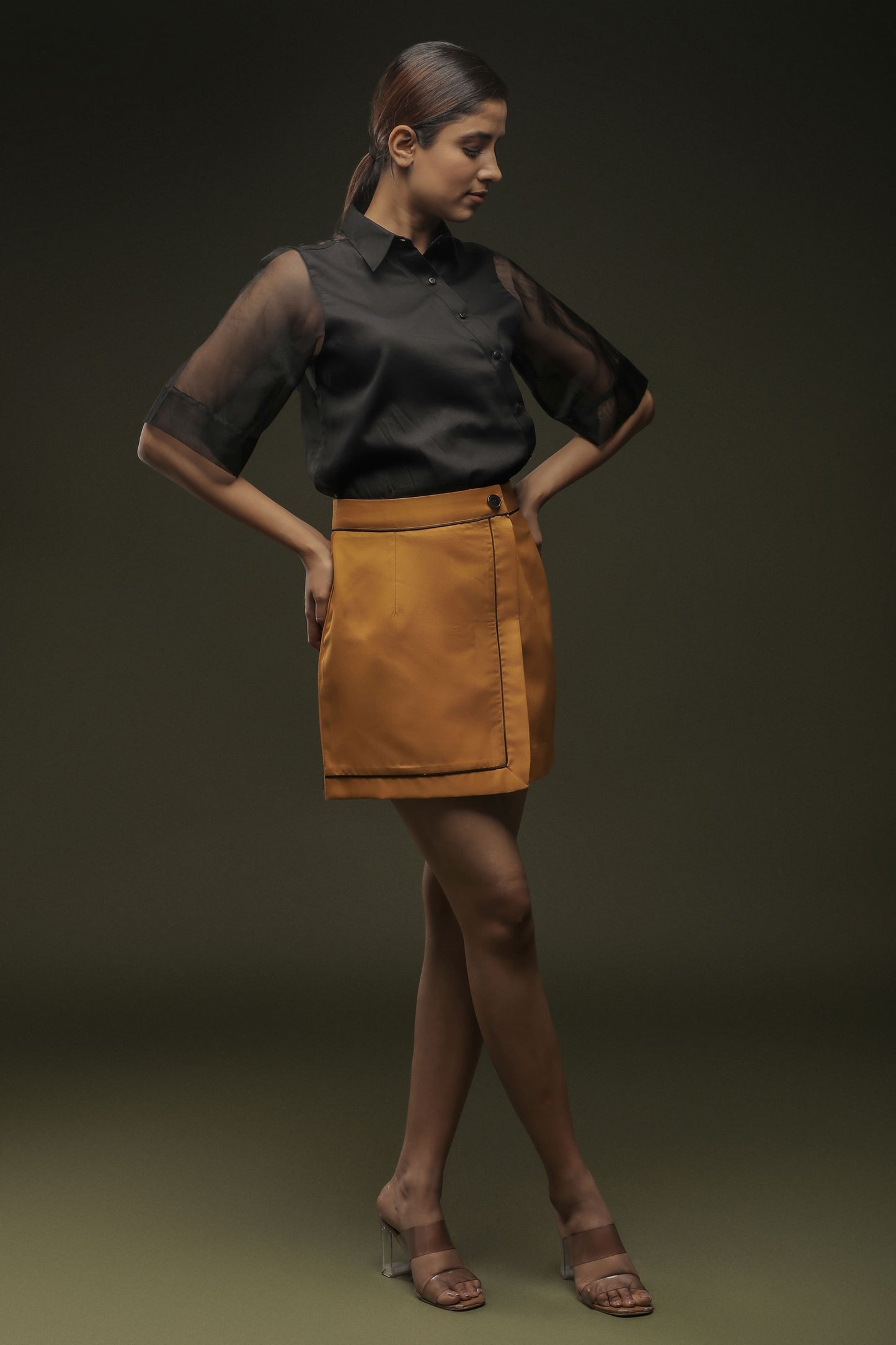 Ochre Yellow Piping Short Skirt