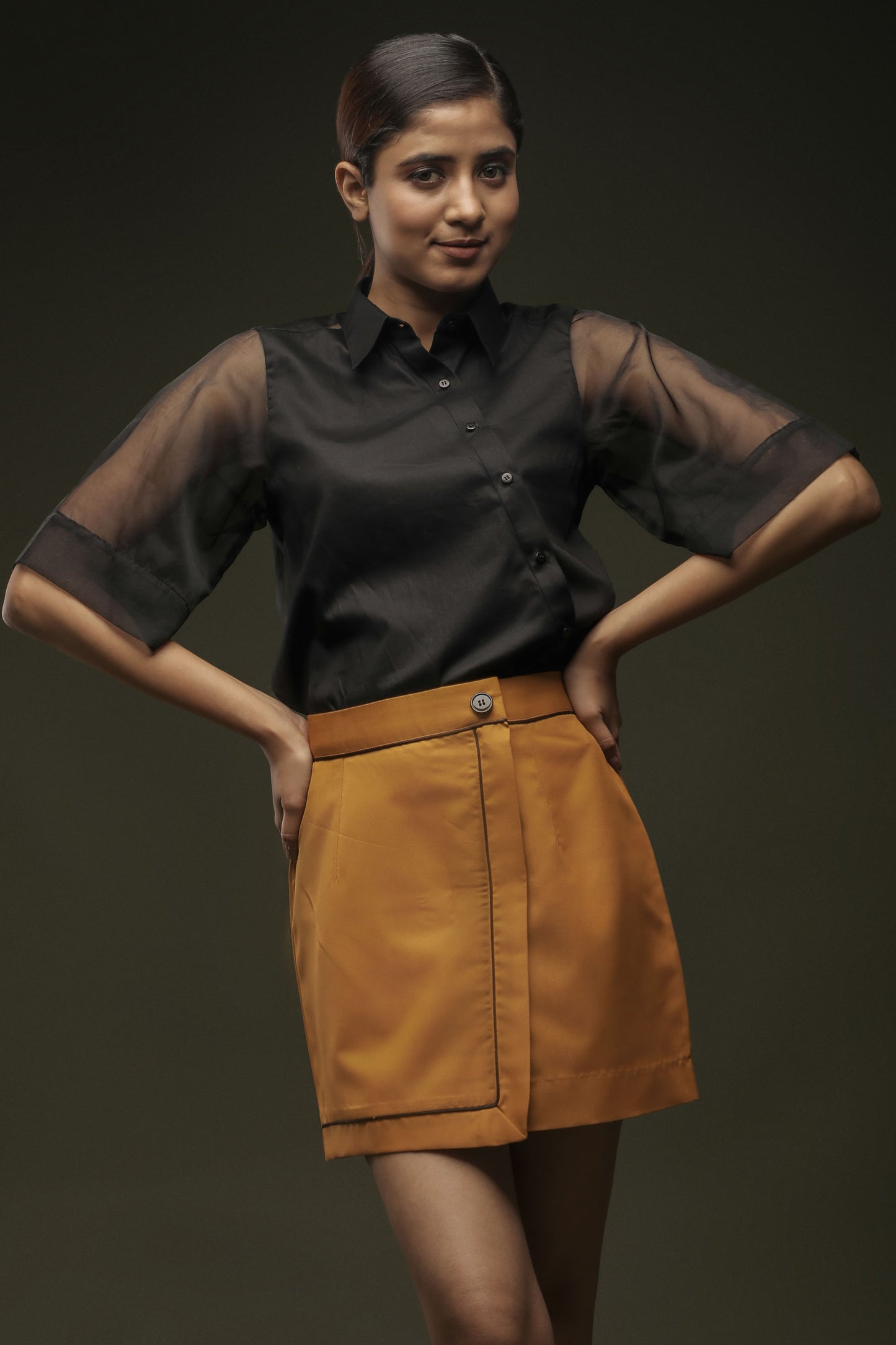 Ochre Yellow Piping Short Skirt