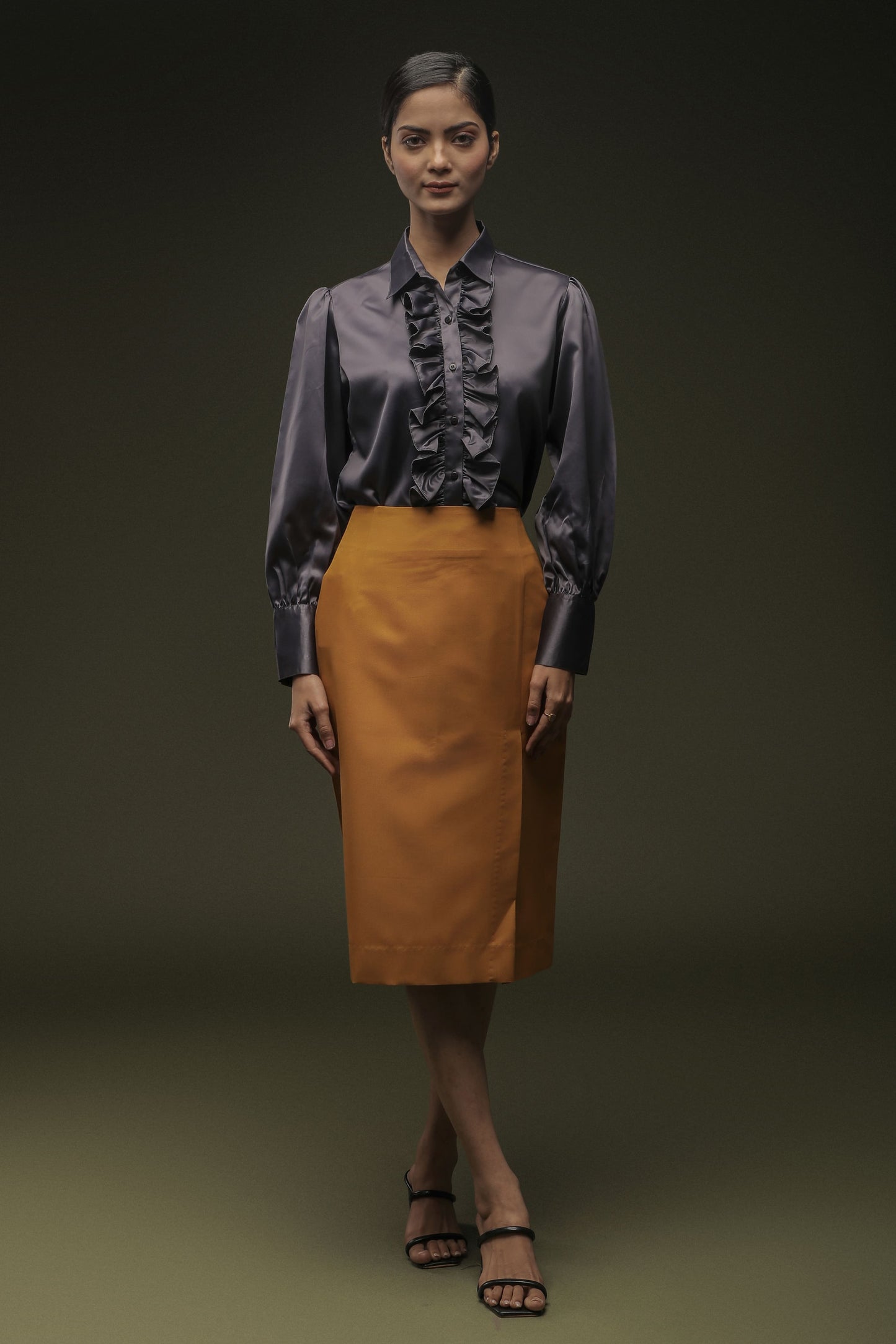 Grey Frill Satin Shirt & Ochre Yellow Knee Length Skirt Combo