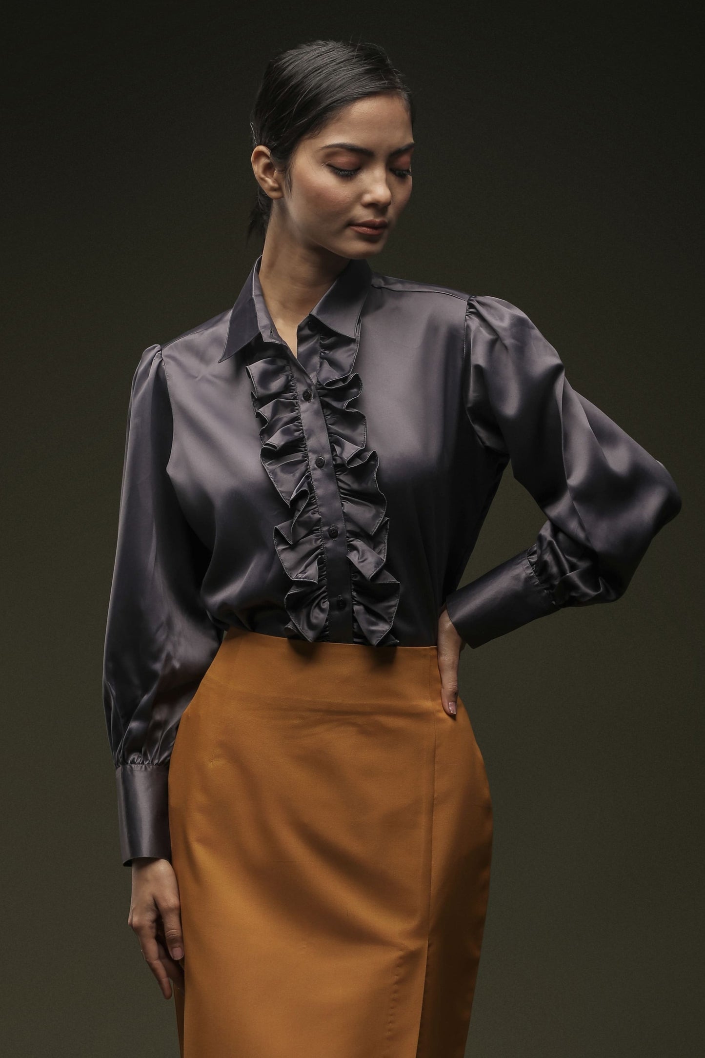 Grey Frill Satin Shirt & Ochre Yellow Knee Length Skirt Combo