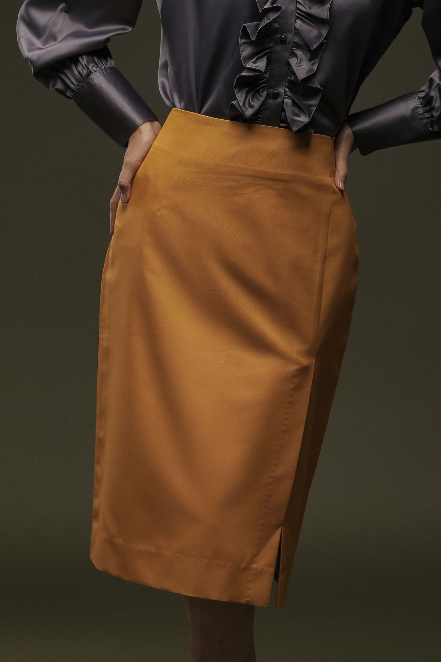 Grey Frill Satin Shirt & Ochre Yellow Knee Length Skirt Combo