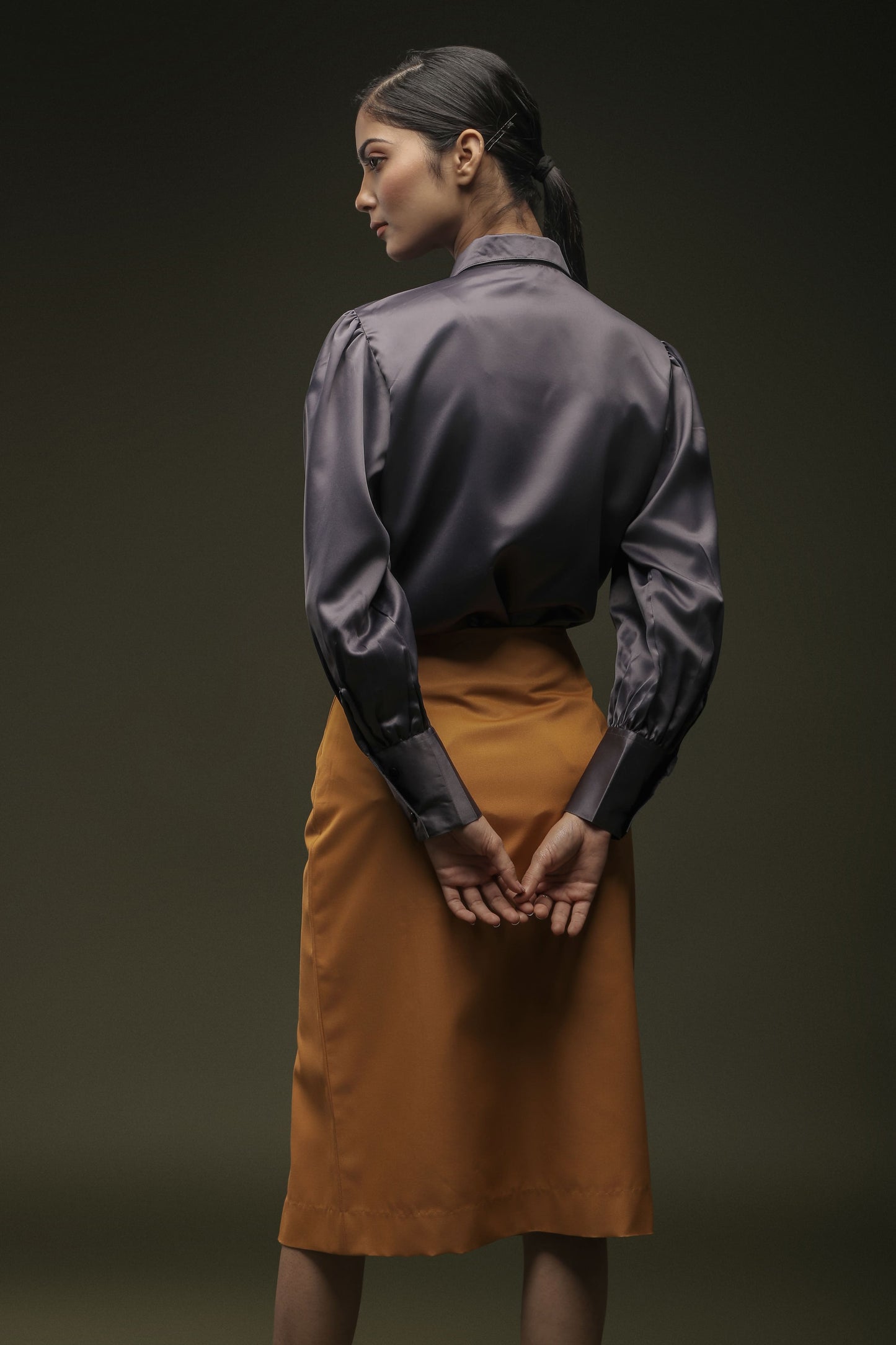 Grey Frill Satin Shirt & Ochre Yellow Knee Length Skirt Combo