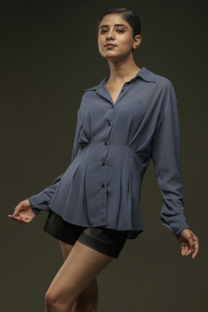 Grey Flared Georgette Shirt & Black Satin Shorts Combo