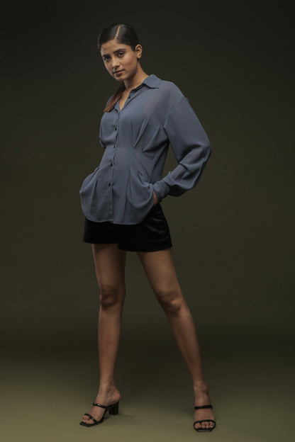 Grey Flared Georgette Shirt & Black Satin Shorts Combo