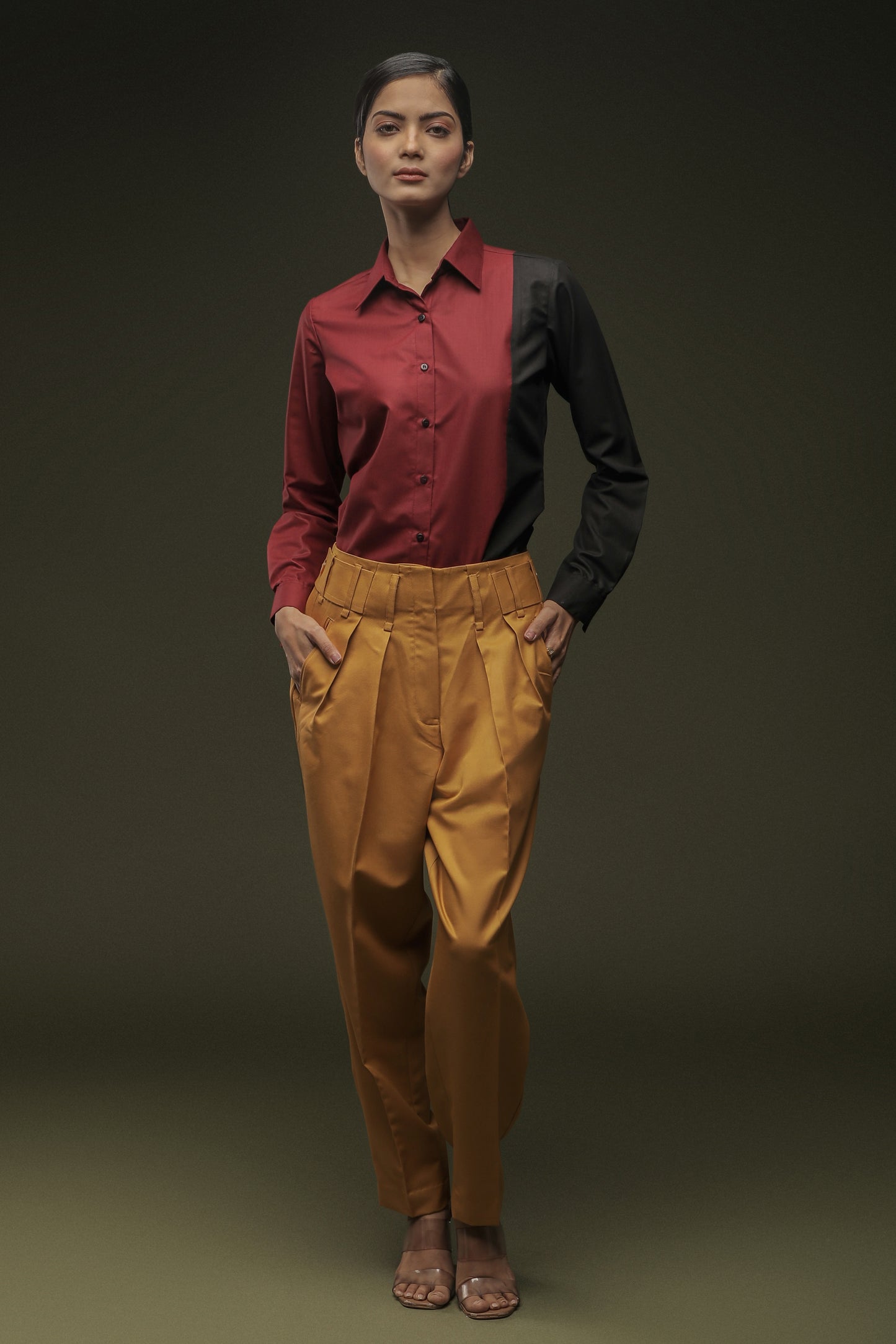 Maroon Black Panel Shirt & Mustard Yellow Baggy Cropped Trouser Combo