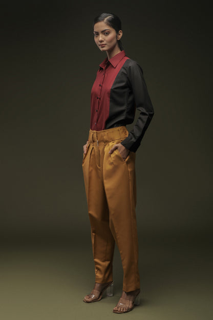 Maroon Black Panel Shirt & Mustard Yellow Baggy Cropped Trouser Combo