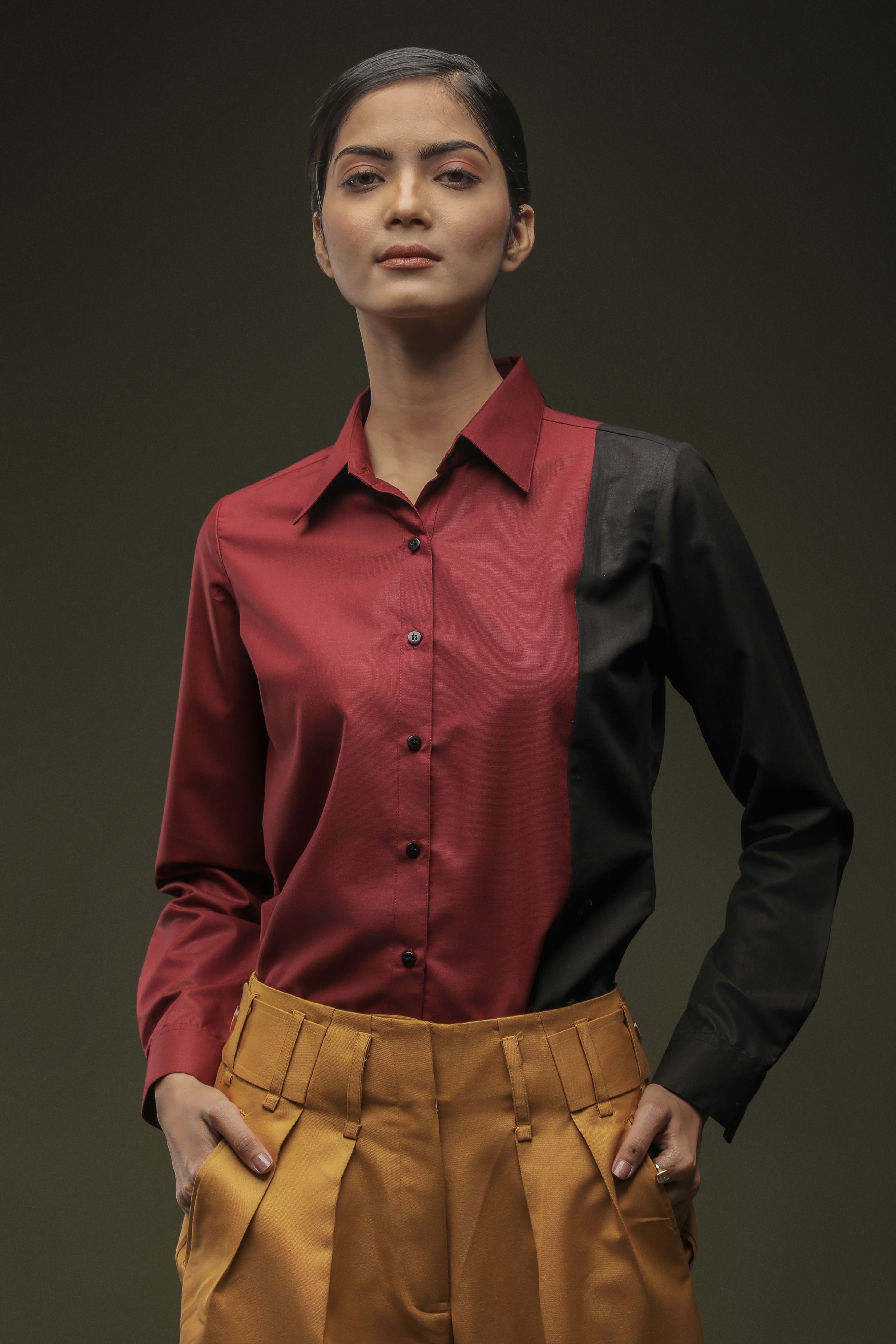 Maroon Black Panel Women Shirt