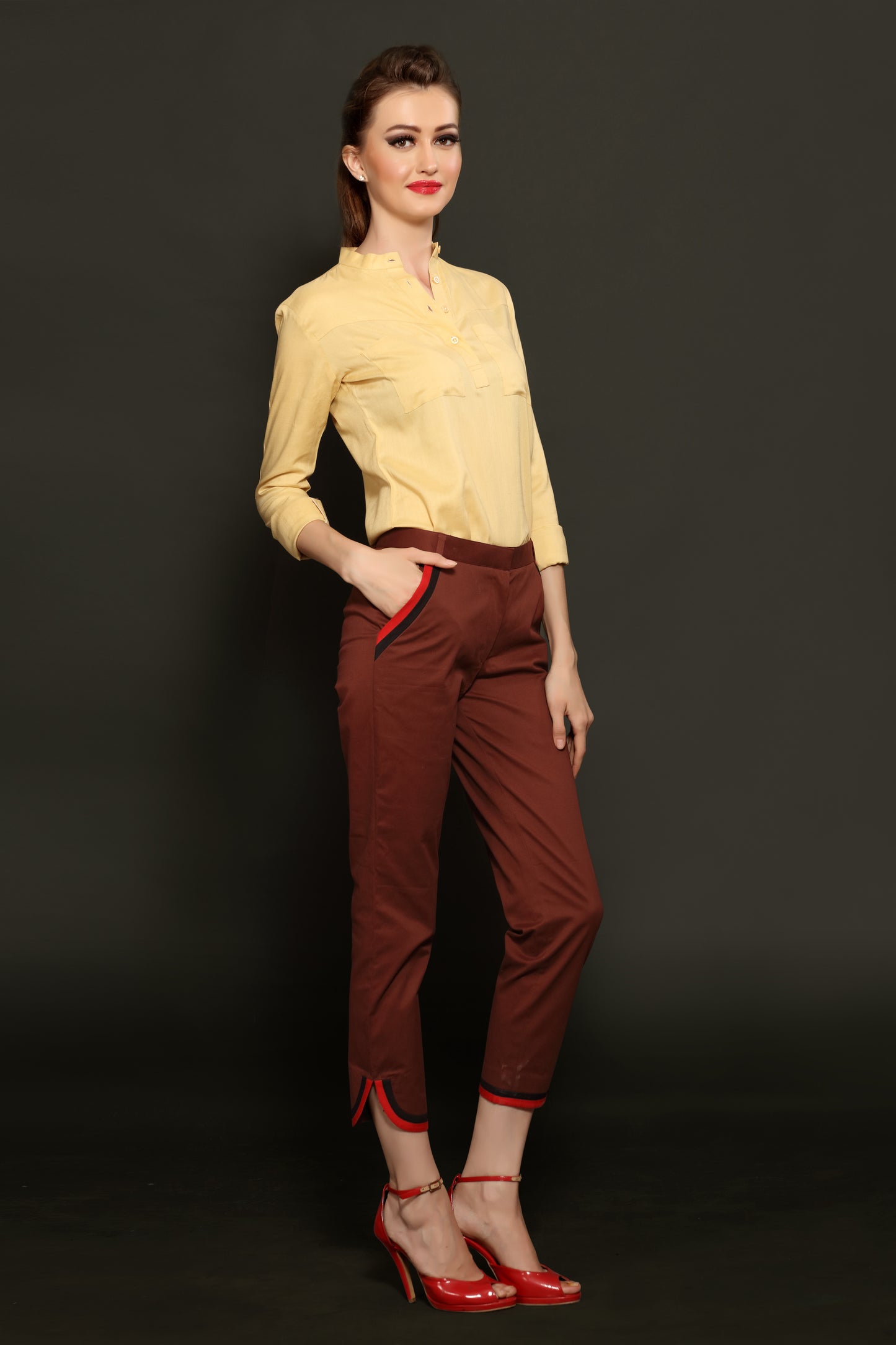 Beige Mandarin Shirt & Brown Cropped Trouser Combo