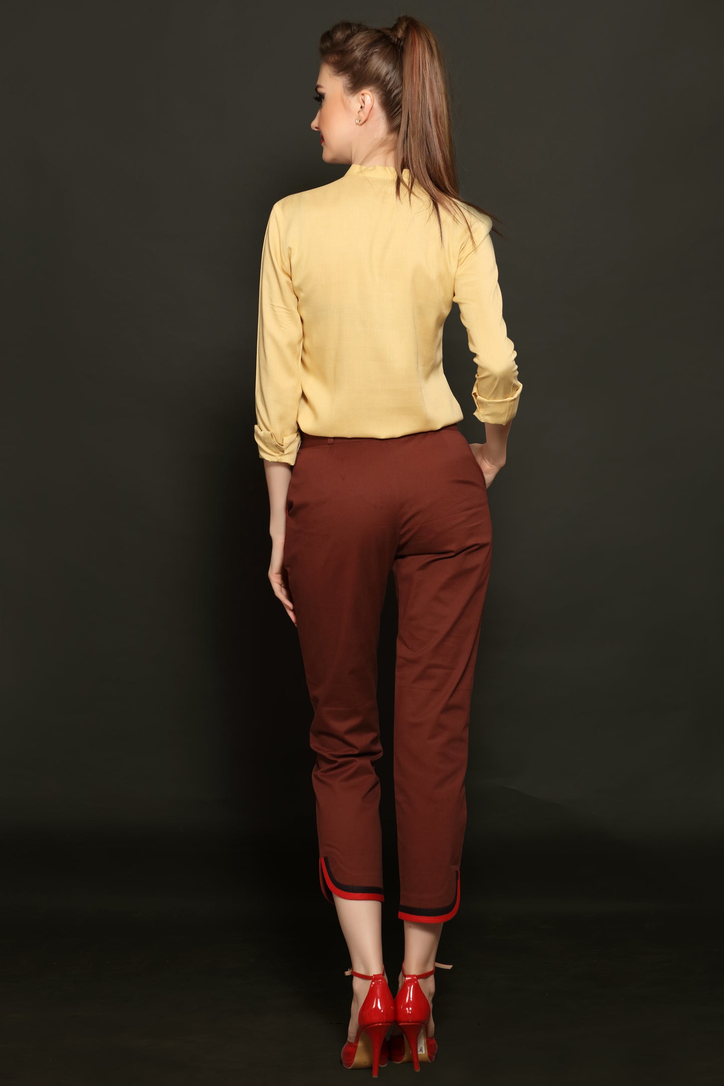Beige Mandarin Shirt & Brown Cropped Trouser Combo