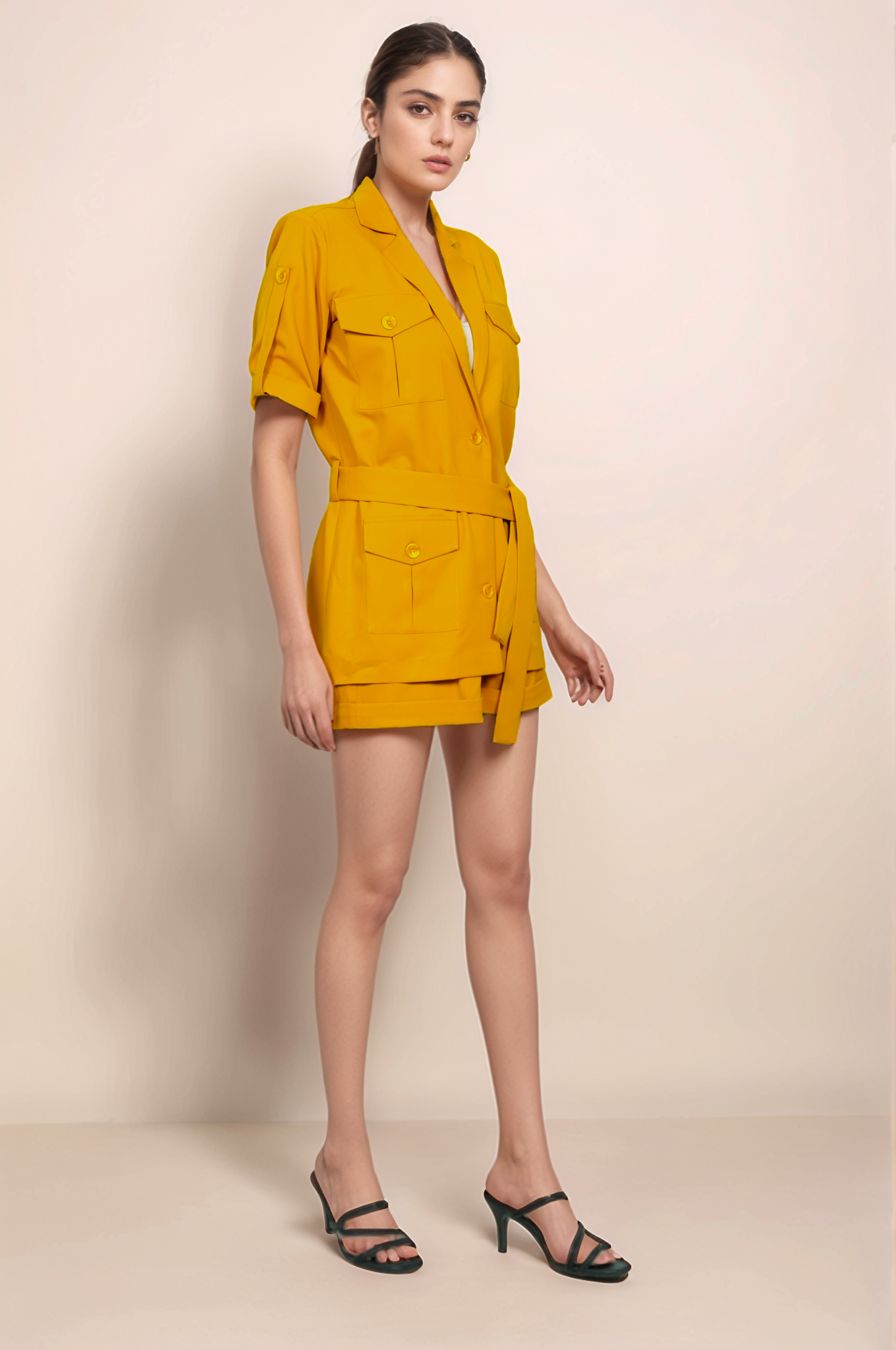 Turmeric Yellow Safari-Shorts Co-ord Suit