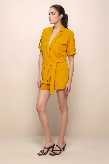 Turmeric Yellow Safari-Shorts Co-ord Suit