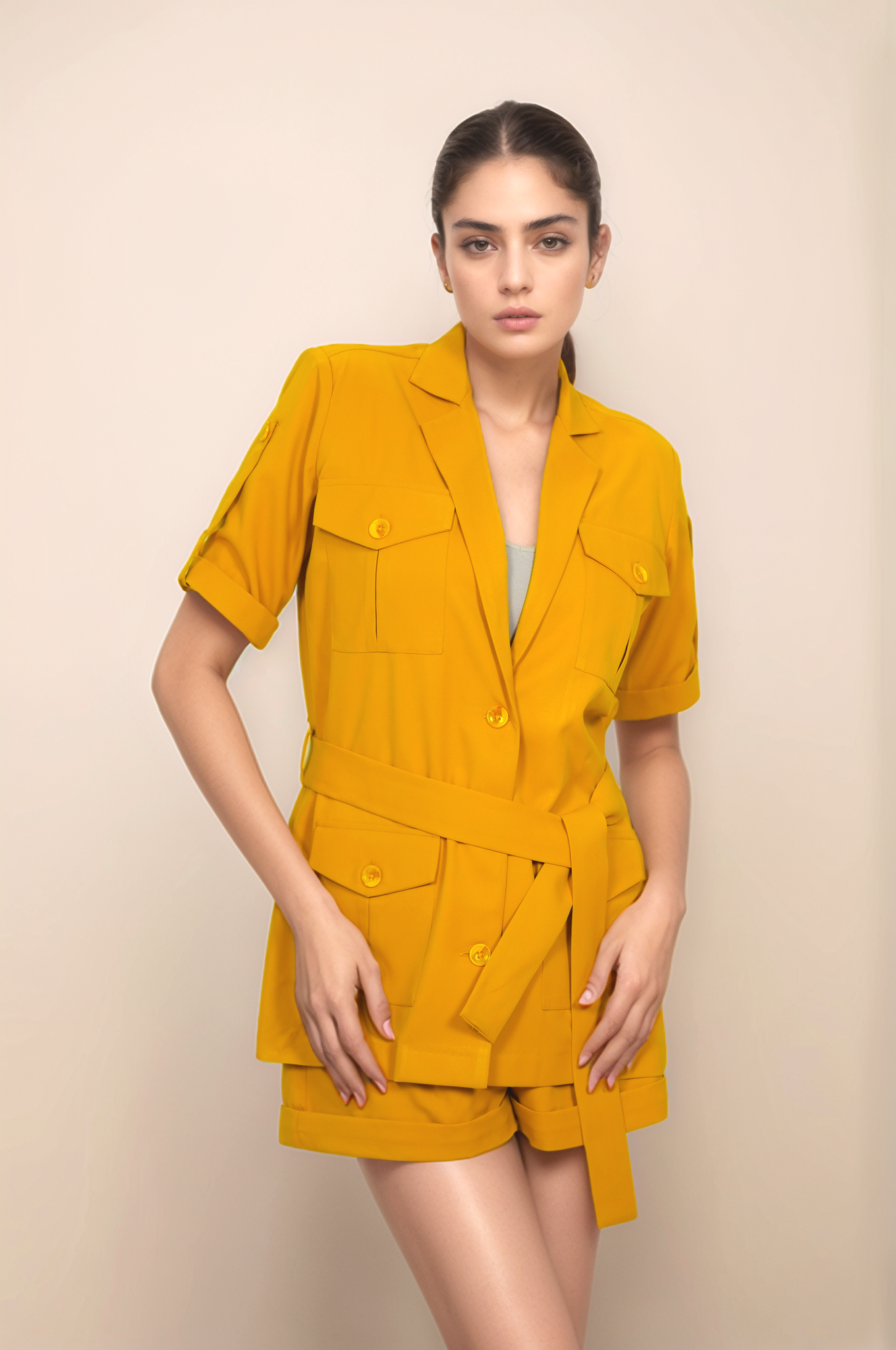 Turmeric Yellow Safari-Shorts Co-ord Suit