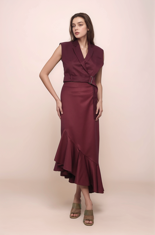 Maroon Cropped Sleeveless Jacket Co-ord Suit