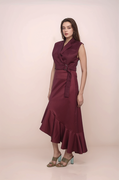 Maroon Cropped Sleeveless Jacket Co-ord Suit