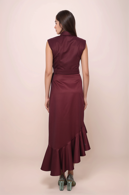 Maroon Cropped Sleeveless Jacket Co-ord Suit