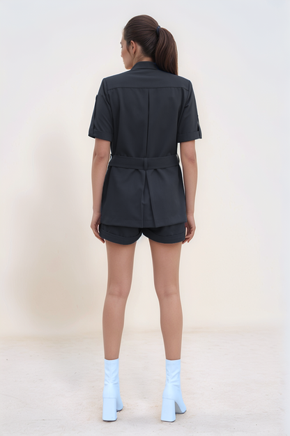 Dark Grey Safari-Shorts Co-ord Suit