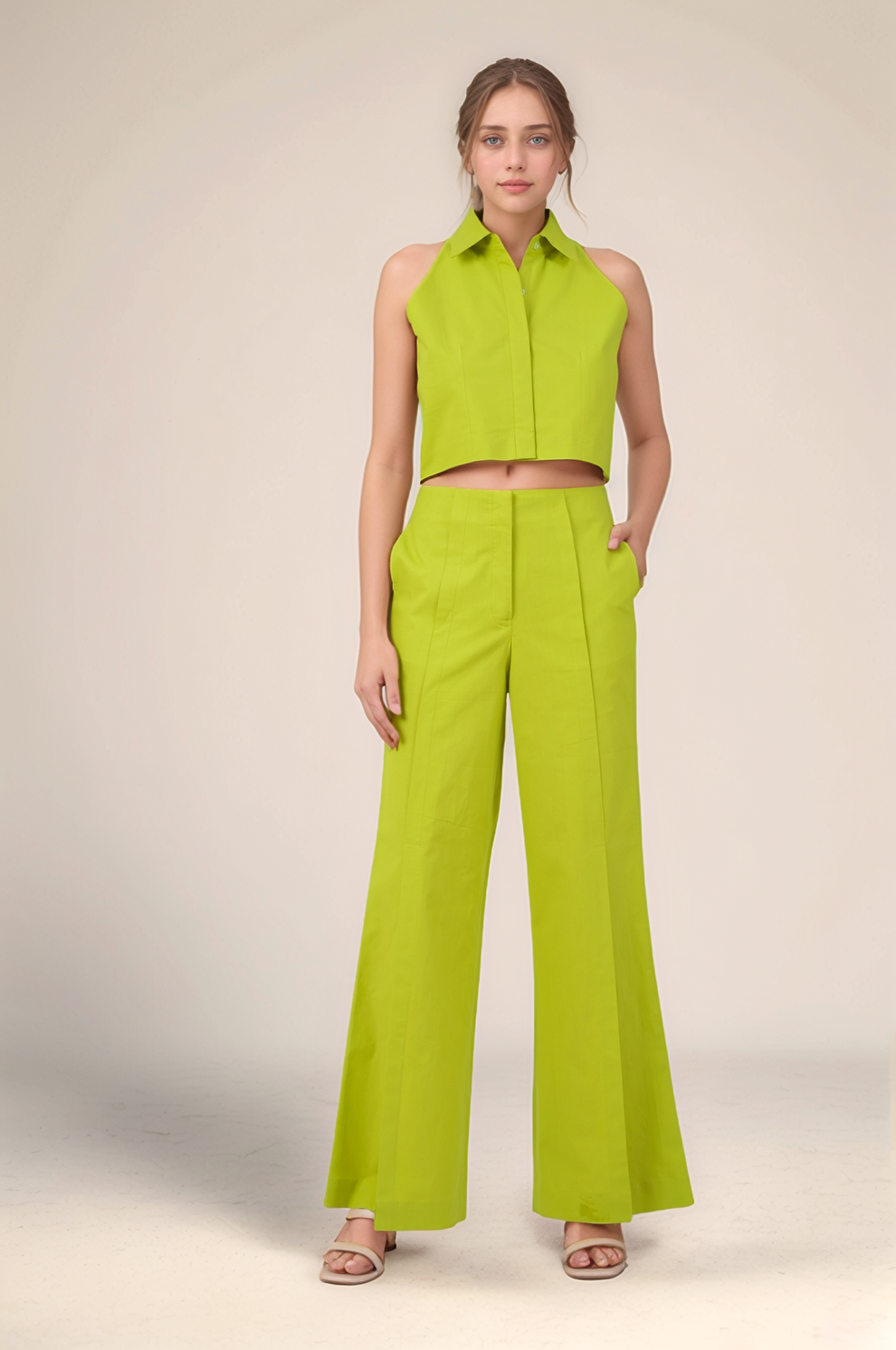 Lime green V neck cotton co-ords set