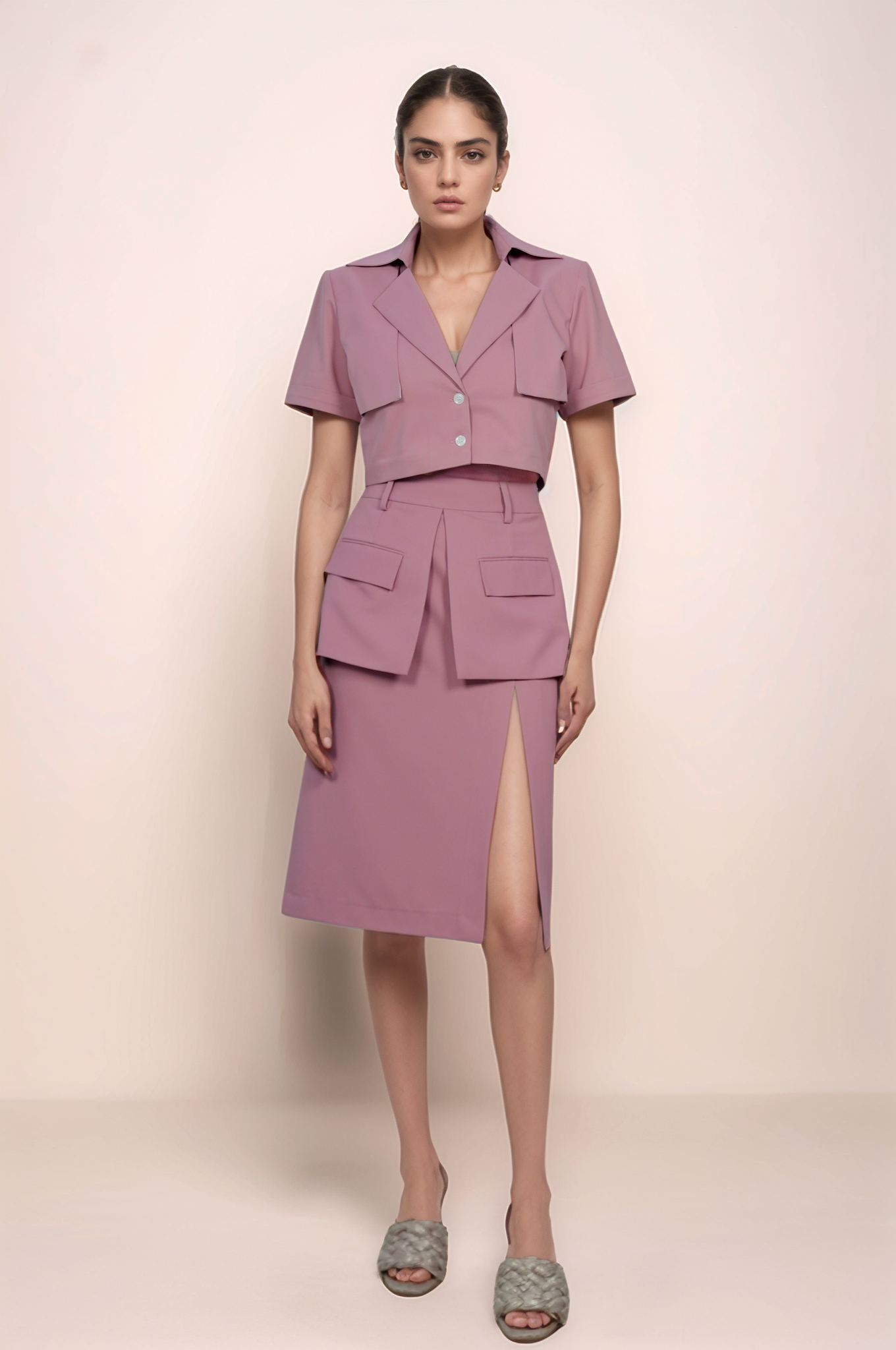 Onion Pink Flap Jacket-Skirt Co-ord Suit