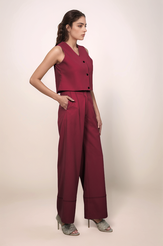 Maroon Crop Sleeveless Jacket Co-ord suit