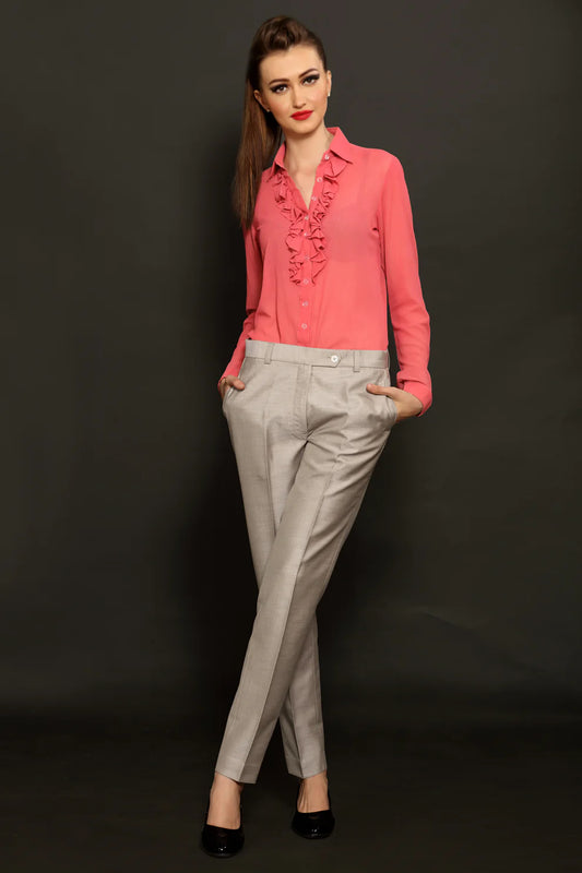 Pink Ruffle Neck Shirt & Grey Formal Trouser Combo