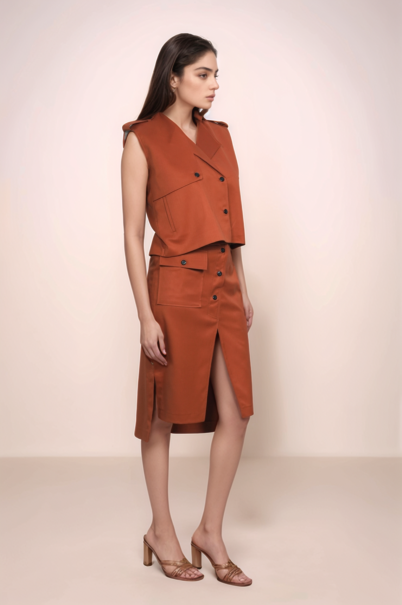 Rust Sleeveless Jacket Co-ord Suit