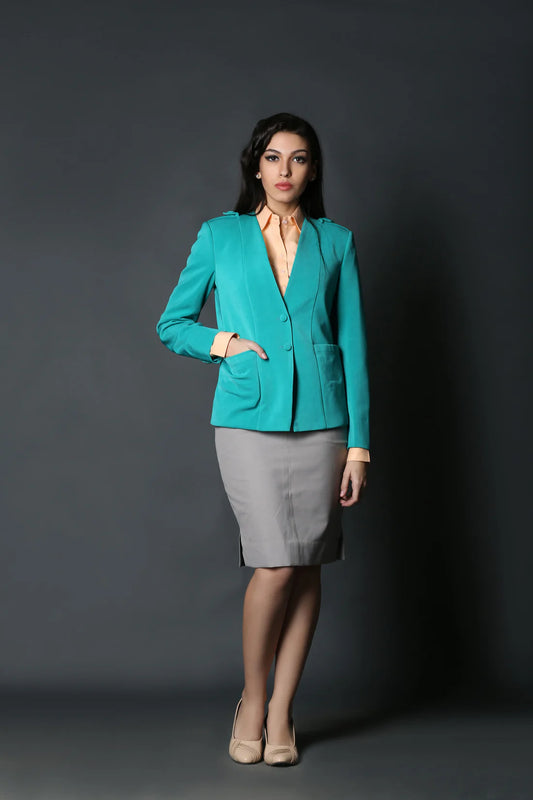 Teal V-Neck Coat & Grey Cotton Skirt Suit