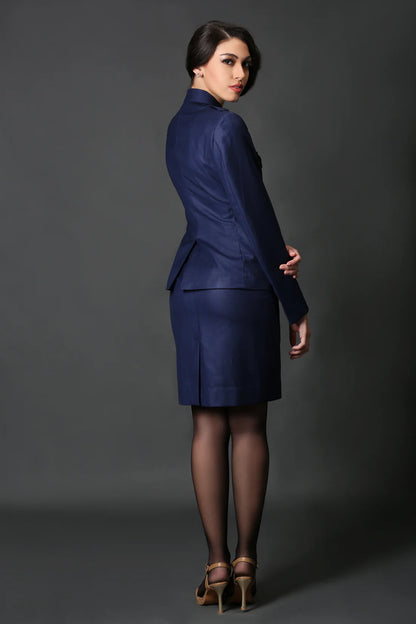 Blue Mandarin Coat & Navy Blue Formal Skirt Suit