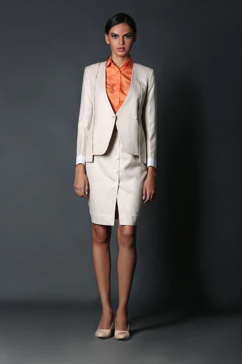 Beige V-Neck Layered Coat & Beige Front Buttoned Skirt Suit