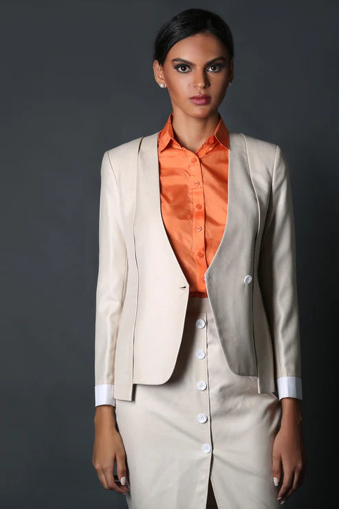 Beige V-Neck Layered  & Beige Front Buttoned Suit