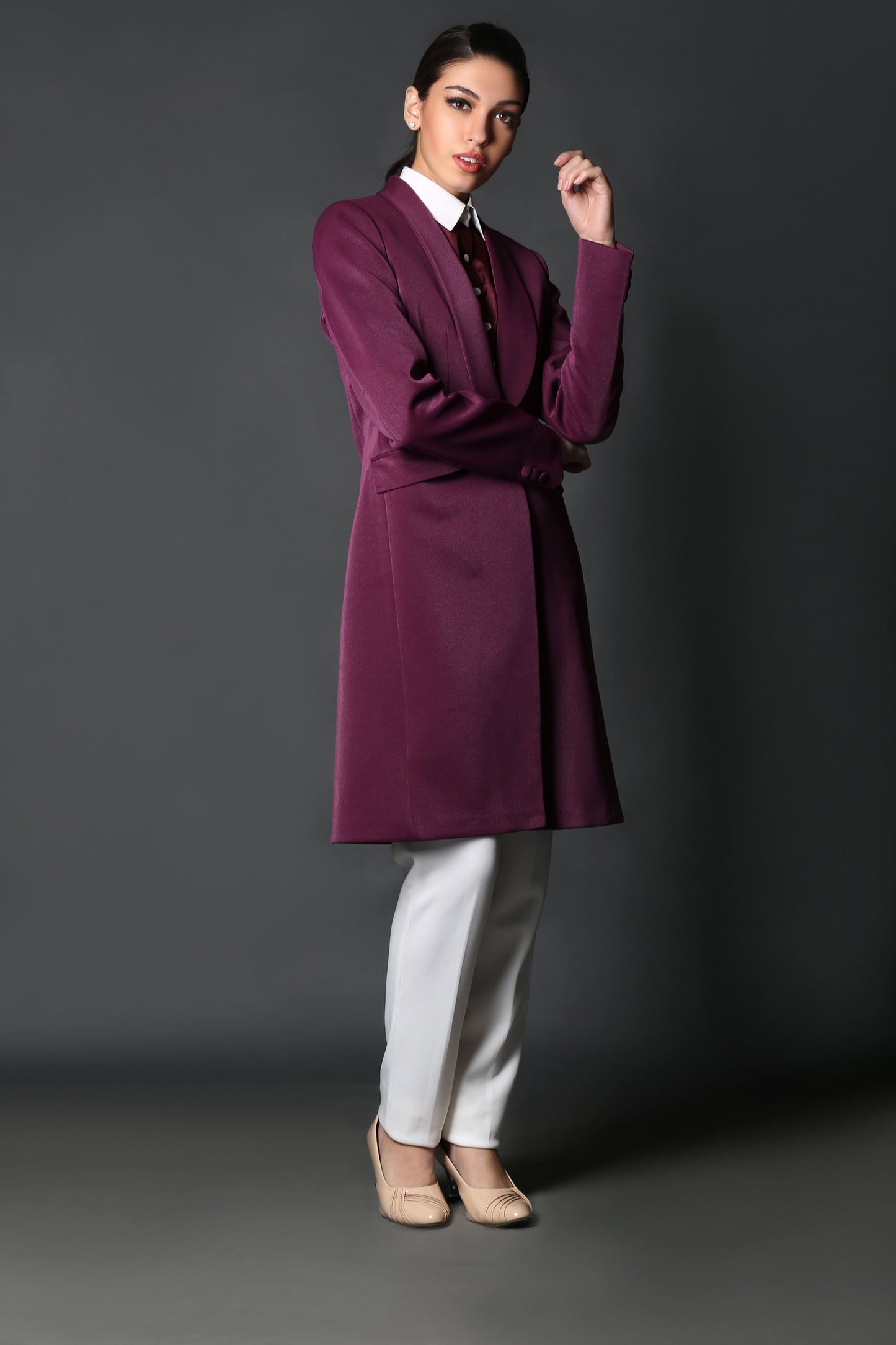 Wine Shawl Collar Trench Coat