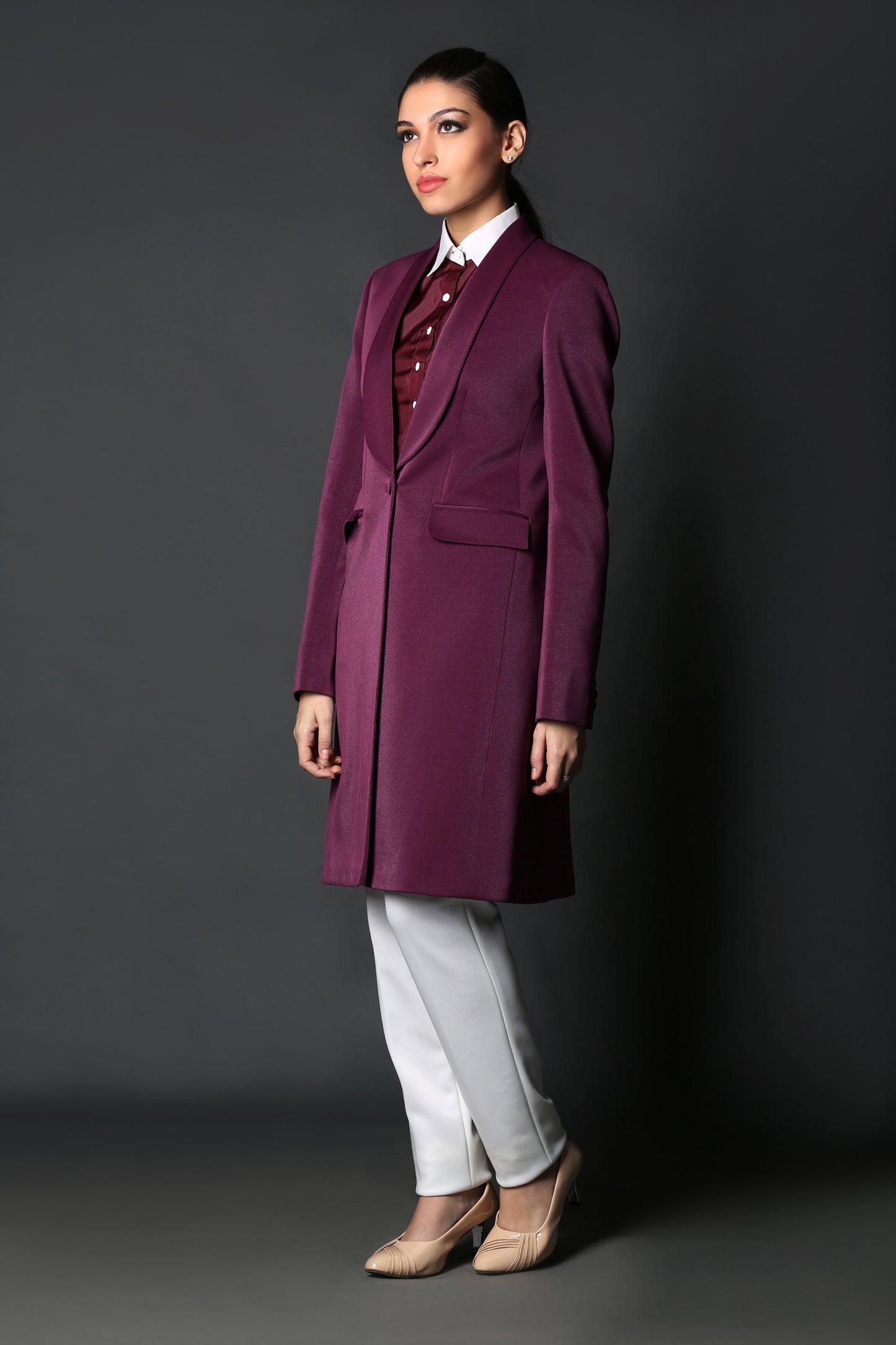 Wine Shawl Collar Trench Coat