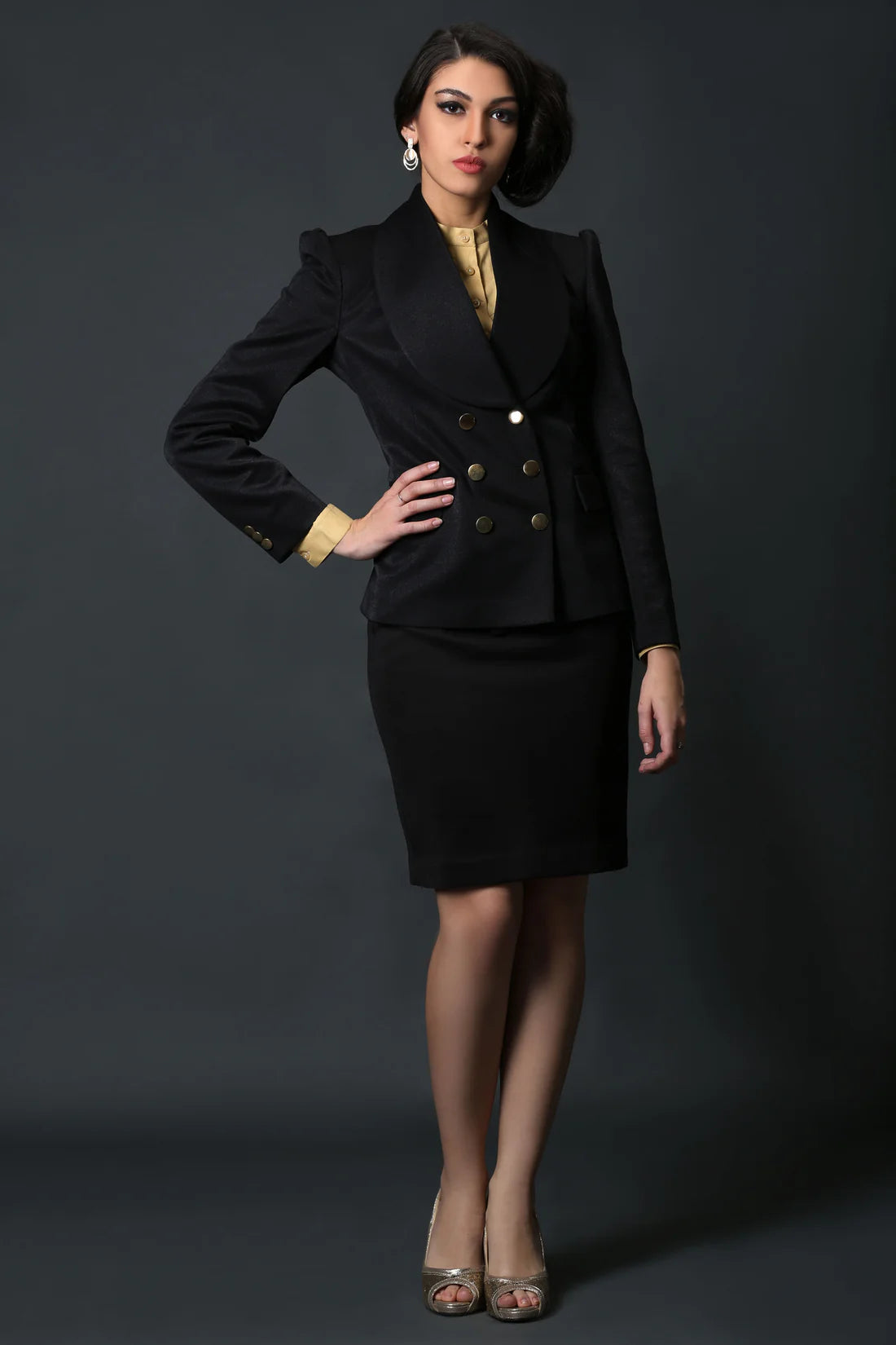 Black Shawl Collar Coat & Black Formal Skirt Suit