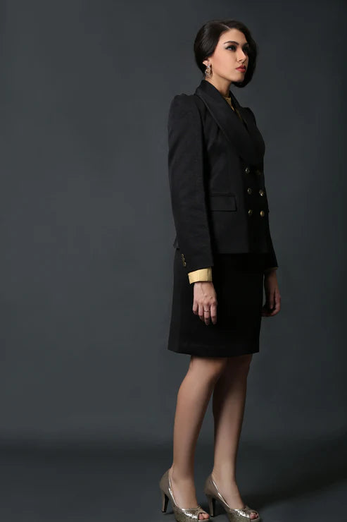 Black Shawl Collar Coat & Black Formal Skirt Suit