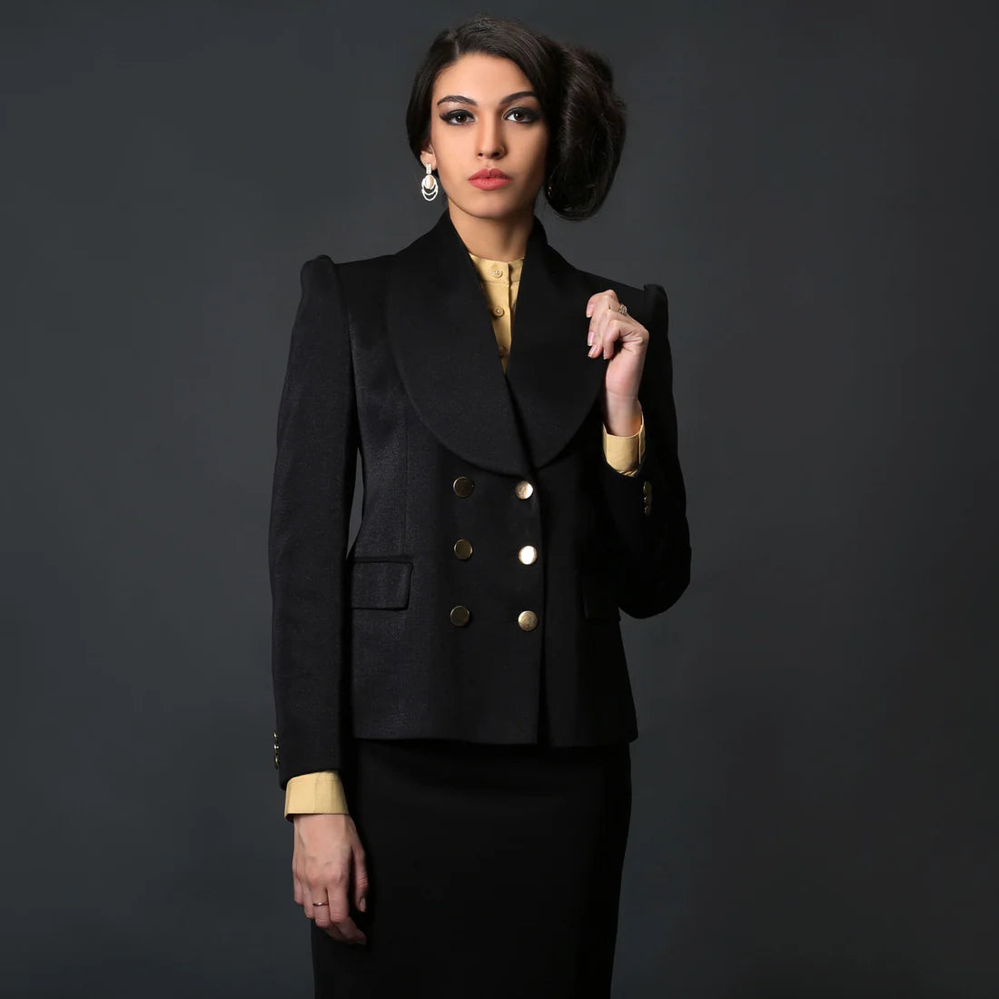 Black Shawl Collar Coat & Black Formal Skirt Suit