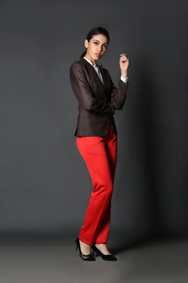 Brown Single Breasted Coat & Red Formal Trouser Suit