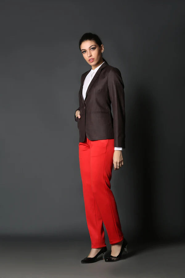 Brown Single Breasted Coat & Red Formal Trouser Suit